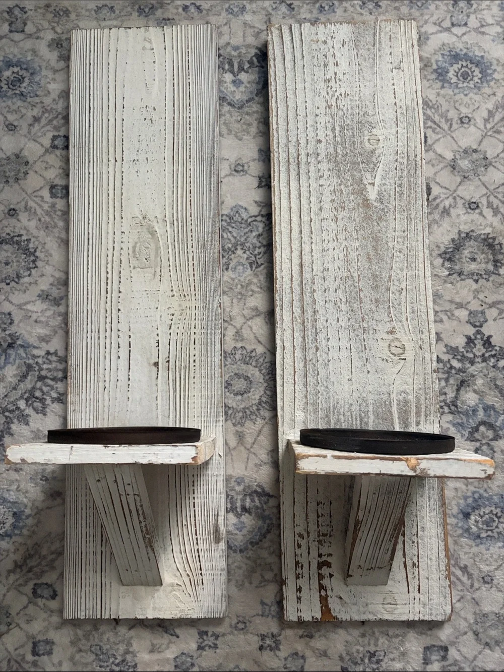 Distressed White Wood Wall Shelves with bronze  Accent - Pair